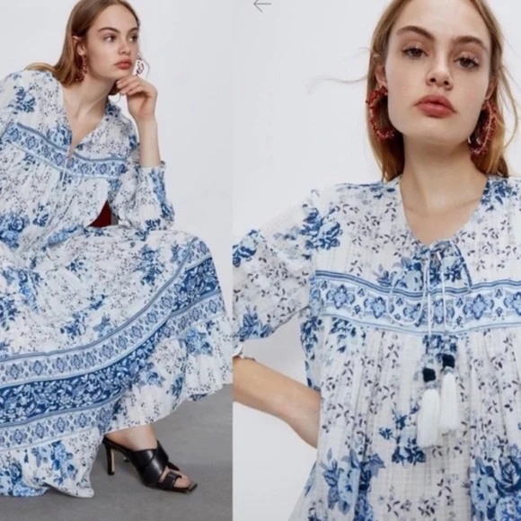 ZARA Boho Floral Print Ruffle Maxi Dress White & Blue Blogger Favorite XS - Picture 2 of 12